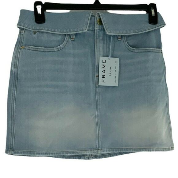 Frame Le High Mini Fold Over Jean Skirt Womens Sz 29 A Line Light Wash Denim NEW - Picture 2 of 9